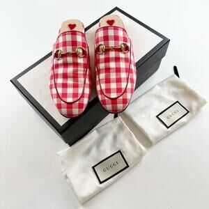 Gucci Princetown Mule Red White Plaid Gold Horsebit Vichy Checkered Size 37 US 7